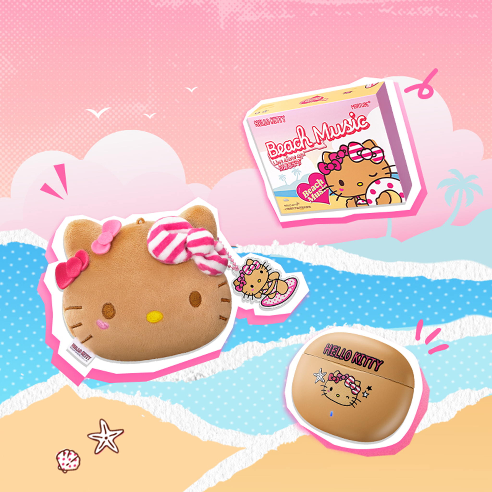 MarTUBE x Sanrio Hello Kitty Hawaii Beach Music Headphone for Android and iPhone Earphone Wireless Earbuds