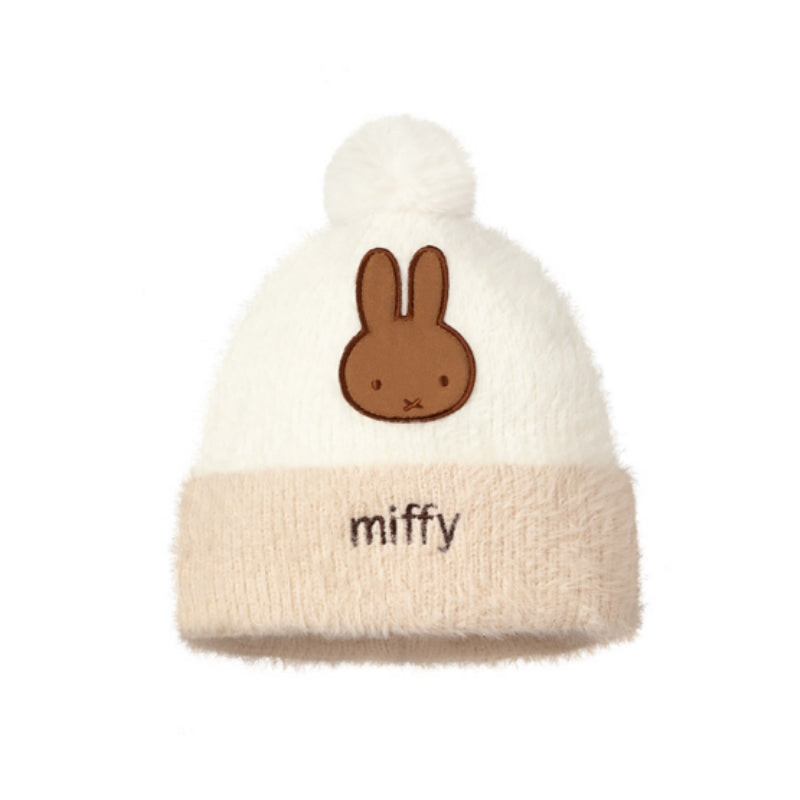 Cozy Miffy Knit Beanie Hat with Pom-Pom in Soft Cream