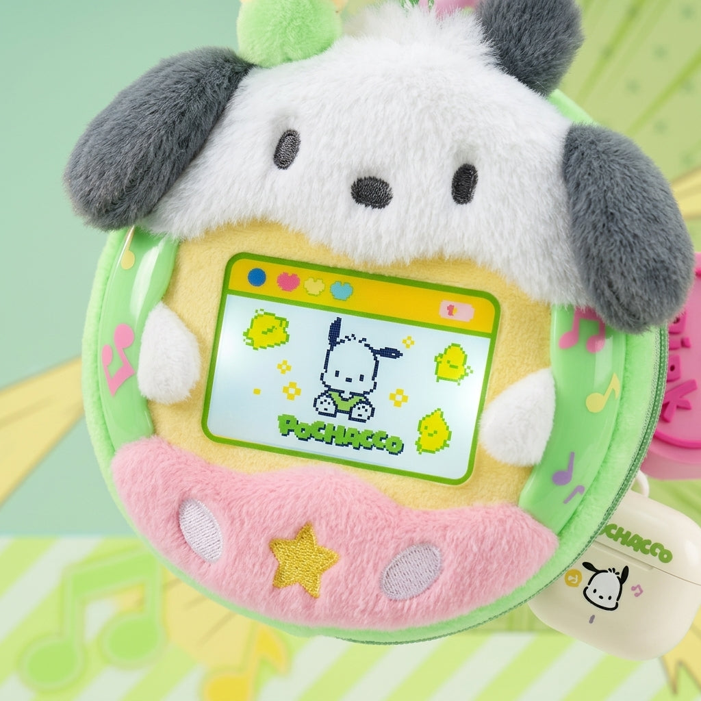 Macro close-up shot of the white and grey Pochacco plush fabric console case details