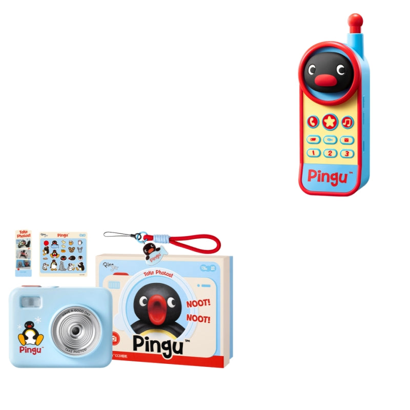 Pingu retro compact digital camera alongside a cute character Bluetooth speaker