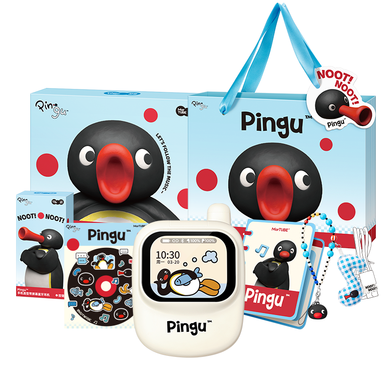 Pingu Phone-Shaped Screen Wireless Earbuds - Full kit including notebook, stickers, and lanyard