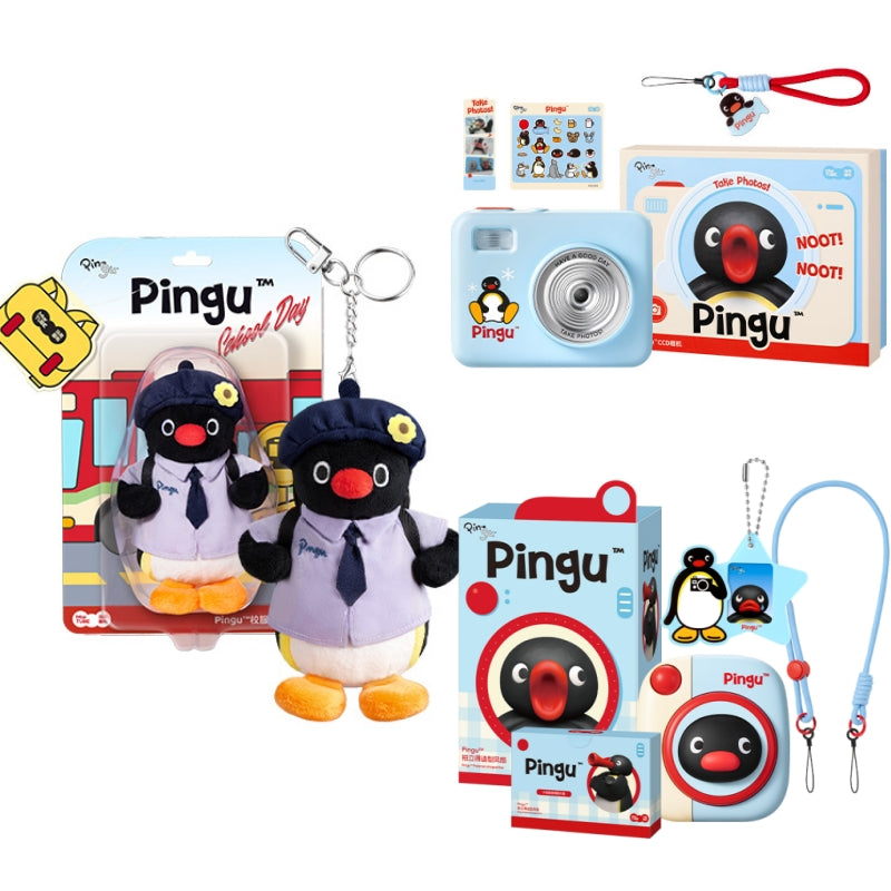 Pingu plush keychain school edition characters and mini camera bundle
